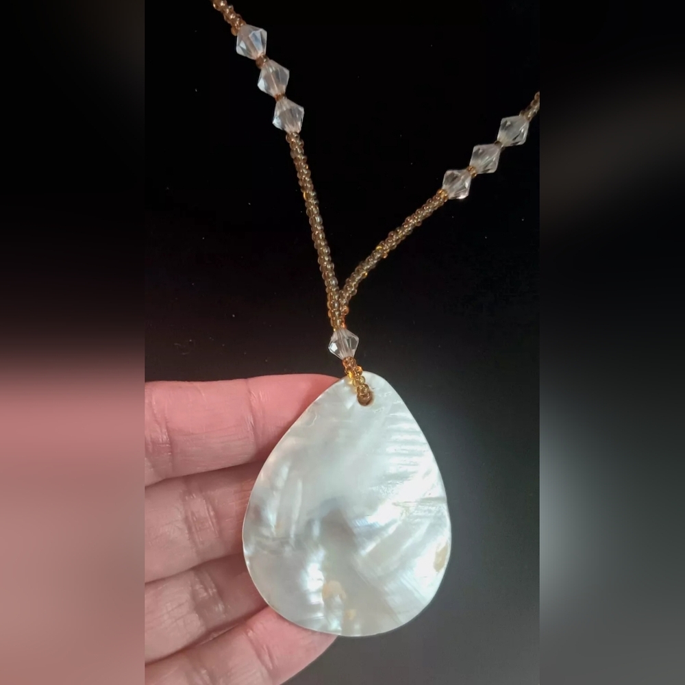 Teardrop White Mother of Pearl Shell Handmade Pendant, white & Amber Necklace